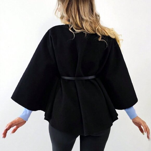 Black Casual Women's Elegant Stand Collar Loose fit belted Coat Jacket - Picture 7 of 7